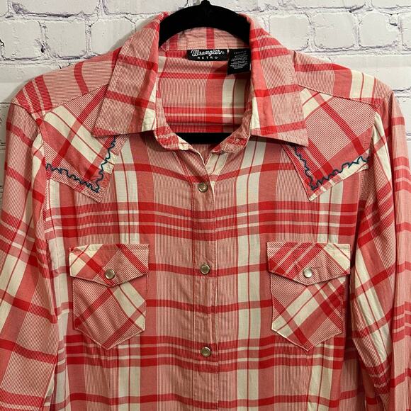 Wrangler Retro Tops - Wrangler Retro Red Plaid Pearl Snap Long Sleeve Shirt Medium Western Cowgirl